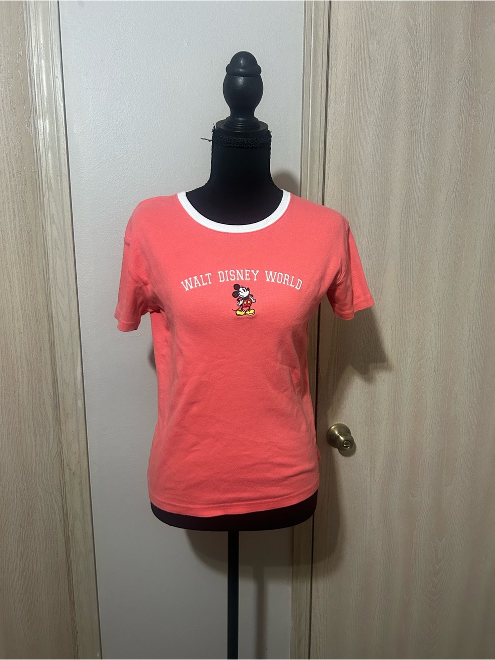 Disney Coral Tee with White Ringer and Mickey Graphic
